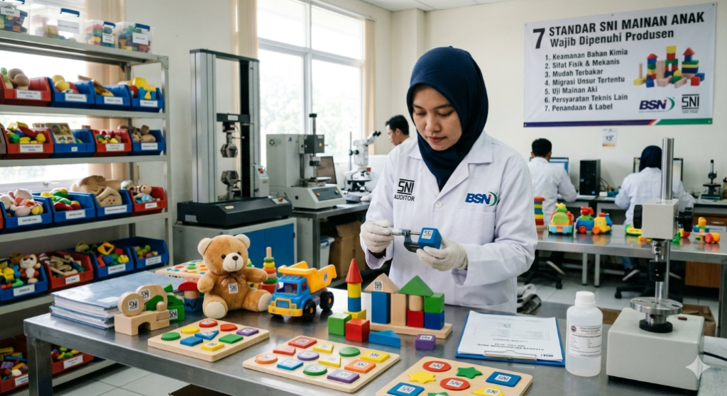 Proses pengujian laboratorium untuk standardisasi SNI mainan anak demi keamanan produk.