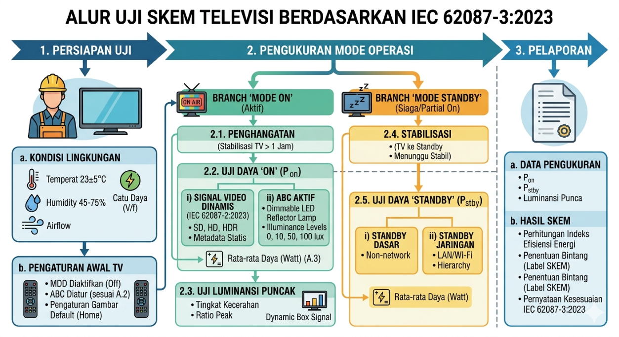 Alur uji SKEM televisi mode On dan Standby berdasarkan IEC 62087-3:2023
