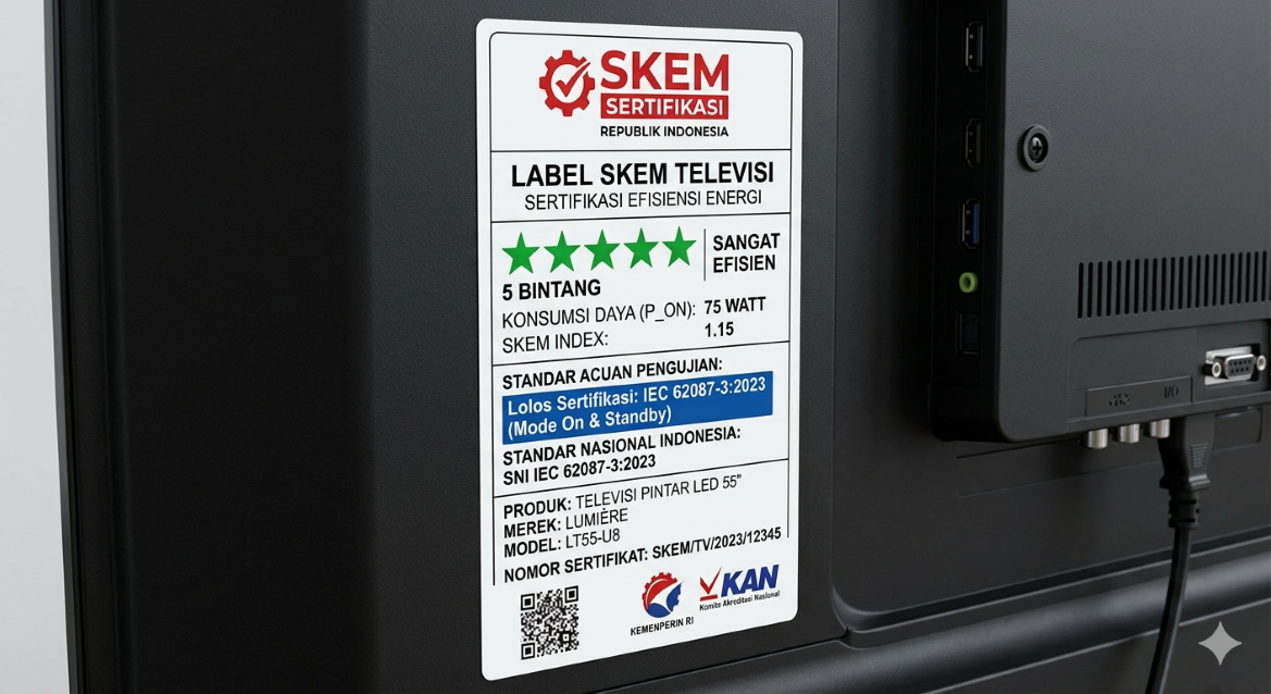 Label SKEM televisi pada produk yang lolos sertifikasi IEC 62087-3:2023