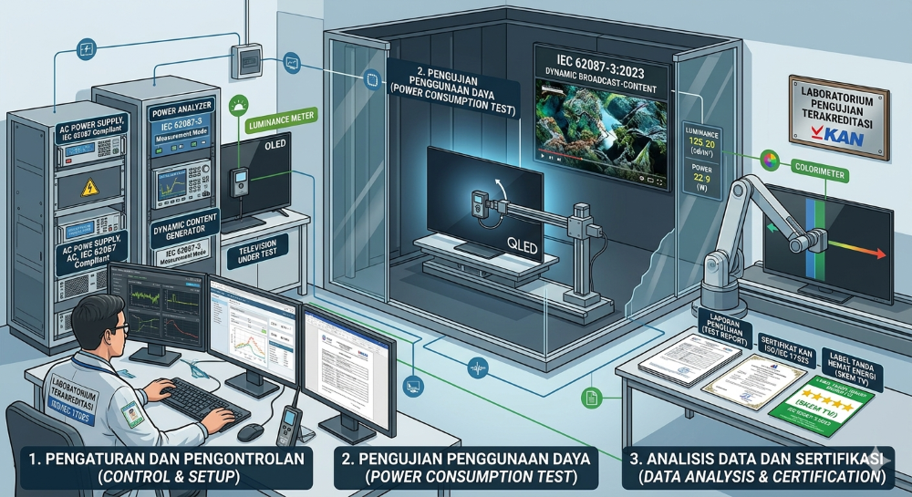 Pengujian SKEM televisi sesuai standar IEC 62087-3:2023 di laboratorium terakreditasi