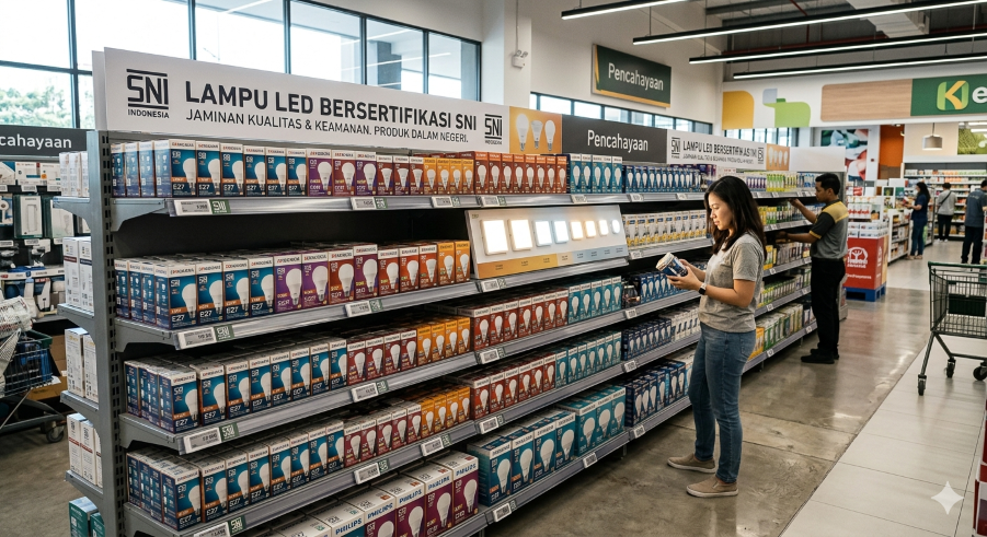 Display lampu LED bersertifikasi SNI di rak retail modern