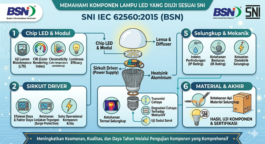 Komponen lampu LED yang diuji dalam proses sertifikasi SNI Lampu LED