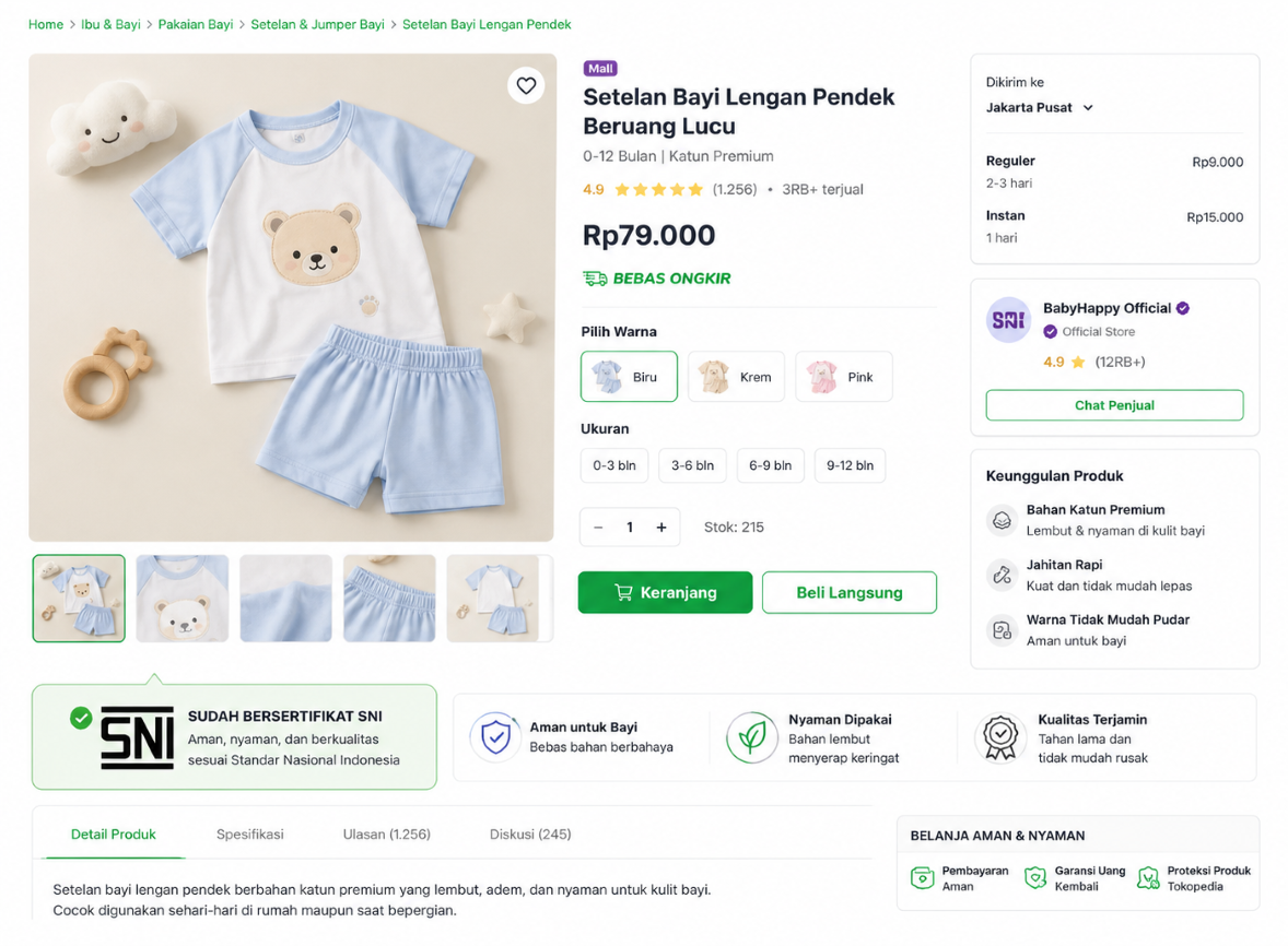 Tampilan halaman produk dengan badge SNI pakaian bayi di marketplace