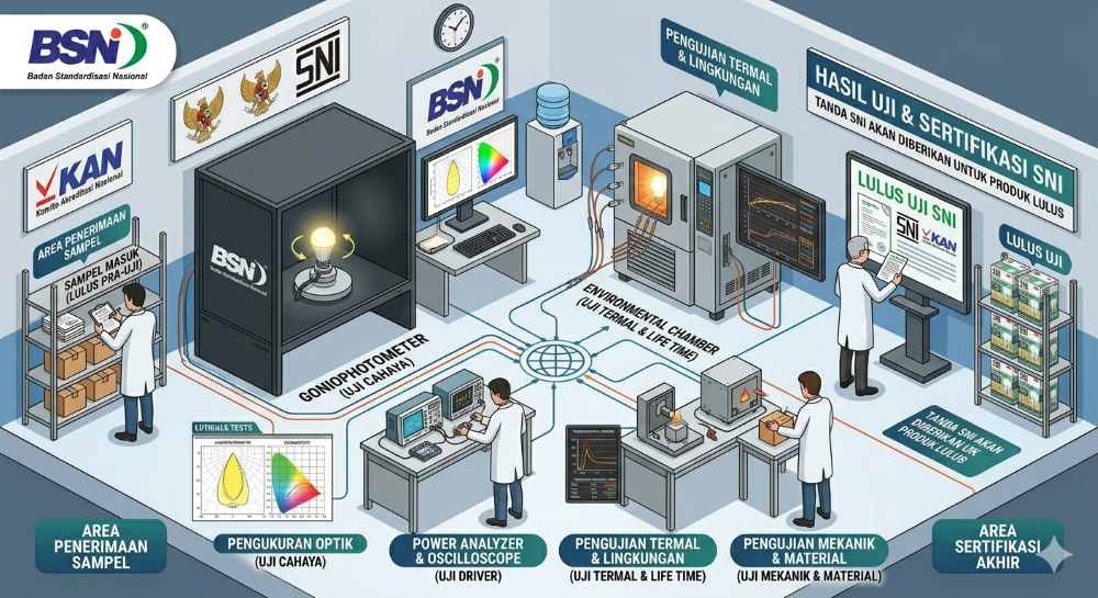 Proses pengujian sertifikasi SNI Lampu LED di laboratorium terakreditasi