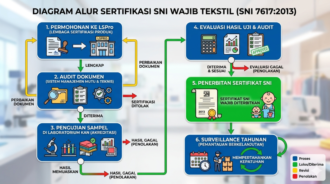 Diagram alur sertifikasi SNI wajib tekstil berdasarkan SNI 7617 2013