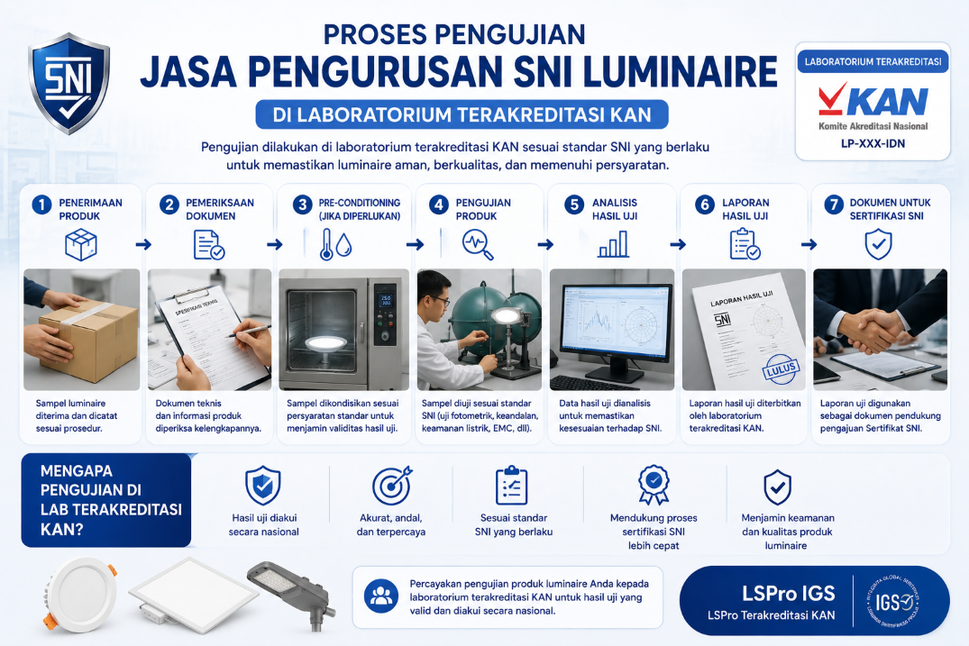 Pengujian luminaire di laboratorium di laboraturium terakrediatasi KAN