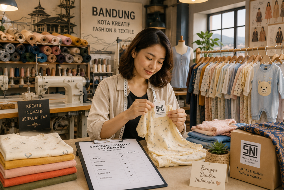 Pekerja menata kain dan pakaian di pabrik tekstil untuk layanan jasa SNI Bandung