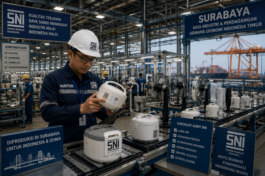 Fasilitas industri besar dengan inspektur memeriksa produk untuk jasa SNI Surabaya