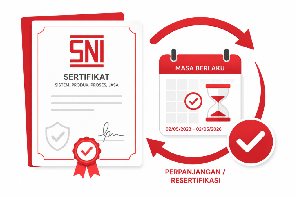 Ilustrasi masa berlaku sertifikat SNI dan proses perpanjangan atau resertifikasi produk