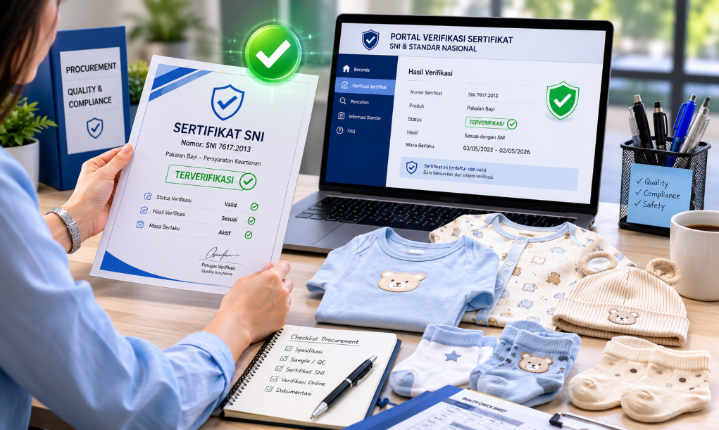 Tim procurement ritel modern memverifikasi sertifikat SNI pakaian bayi melalui sistem online BSN