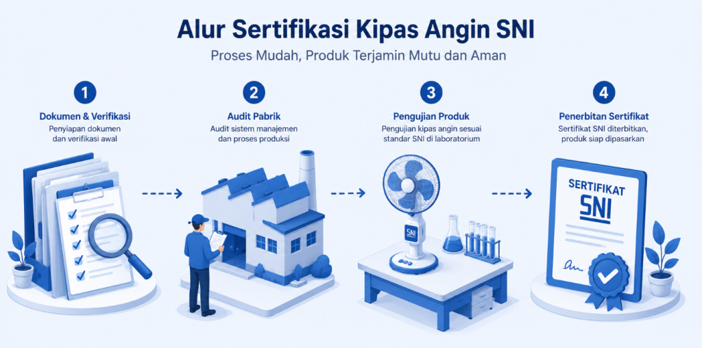 Ilustrasi tahapan audit pabrik dan penerbitan sertifikat SPPT SNI untuk produk kipas angin