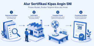 Ilustrasi tahapan audit pabrik dan penerbitan sertifikat SPPT SNI untuk produk kipas angin