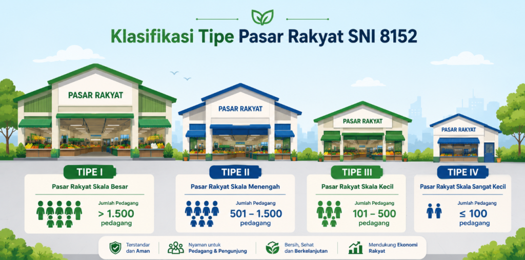 Ilustrasi empat tipe pasar rakyat berdasarkan klasifikasi SNI 8152