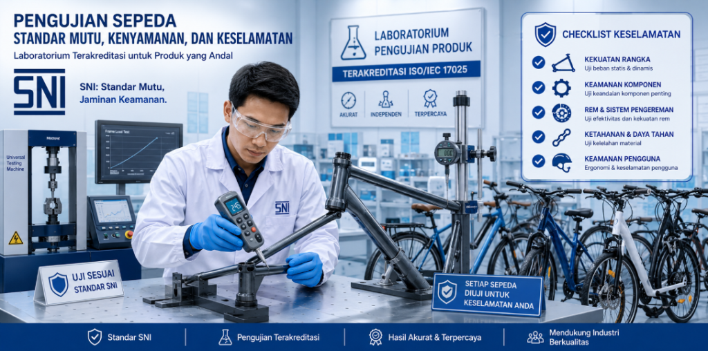 Produsen memeriksa rangka sepeda roda dua di lini produksi untuk memenuhi standar SNI 9232:2023