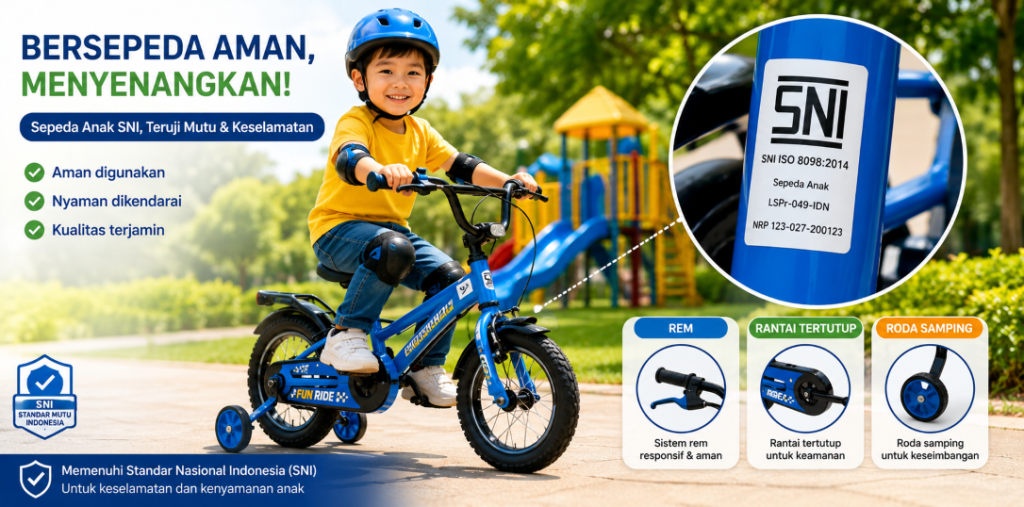 Anak mengenakan helm mengendarai sepeda anak berlabel SNI 8224:2016 di taman
