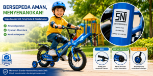 Anak mengenakan helm mengendarai sepeda anak berlabel SNI 8224:2016 di taman