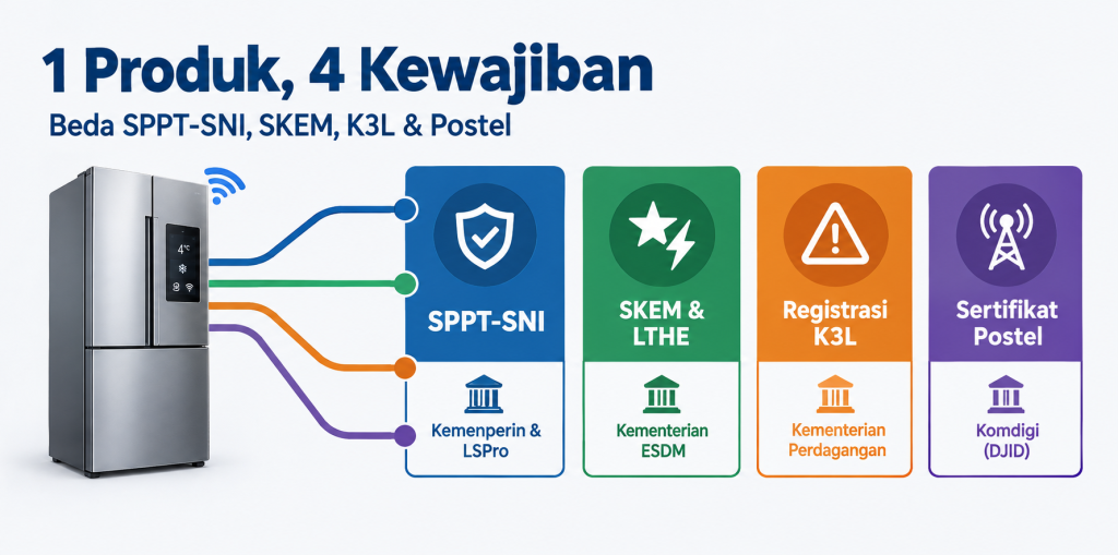Infografis perbedaan SPPT SNI dan SKEM serta Registrasi K3L dan Sertifikat Postel untuk produk elektronik impor